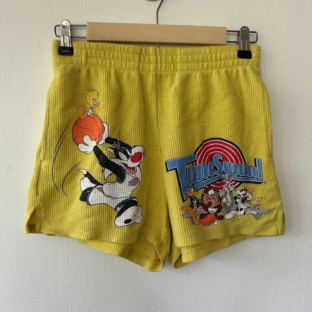 Space Jam Pull On Shorts Womens Small Yellow Ribbed Cozy‎ Comfy Tune Squad